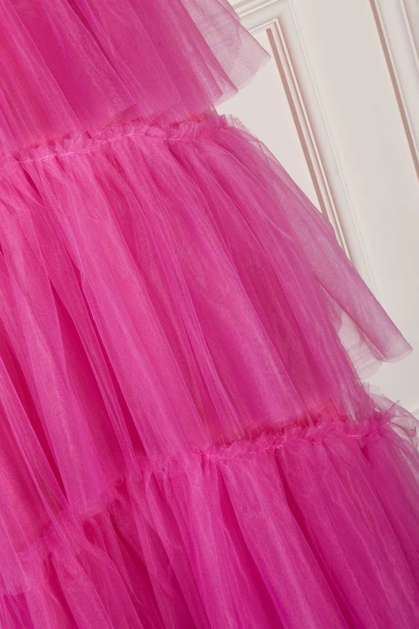 Fuchsia Spaghetti Straps A-Line Tiered Tulle Long Party Dresses