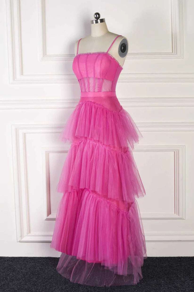 Fuchsia Spaghetti Straps A-Line Tiered Tulle Long Party Dresses