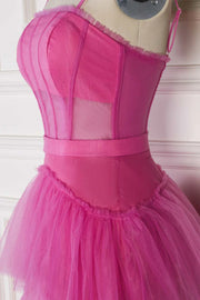 Fuchsia Spaghetti Straps A-Line Tiered Tulle Long Party Dresses