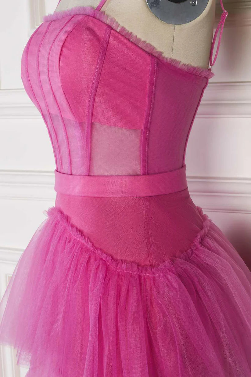 Fuchsia Spaghetti Straps A-Line Tiered Tulle Long Party Dresses