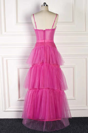 Fuchsia Spaghetti Straps A-Line Tiered Tulle Long Party Dresses