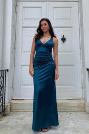 Charming Ink Blue V-Neck Sleeveless Mermaid Satin Party Dresses