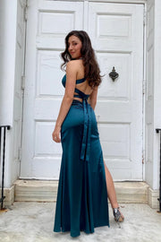 Charming Ink Blue V-Neck Sleeveless Mermaid Satin Party Dresses