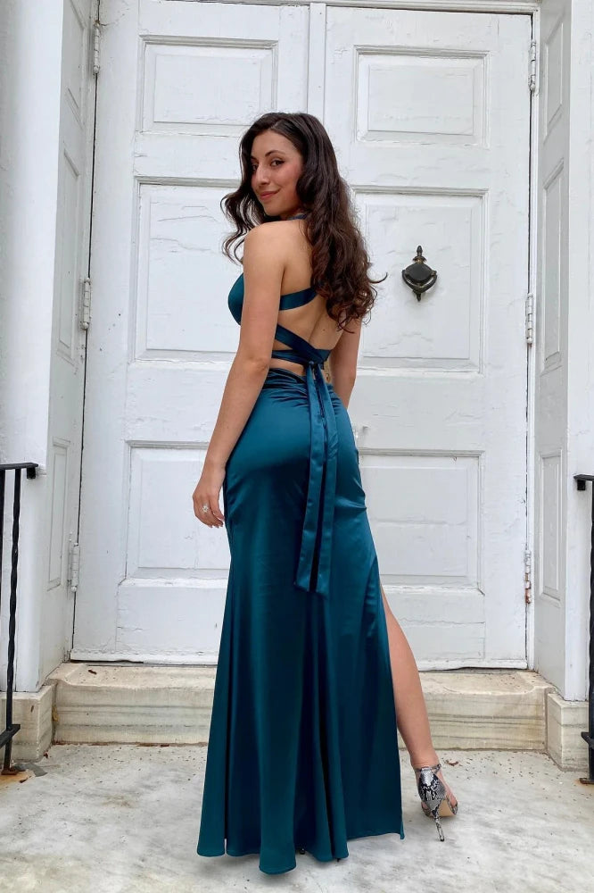 Charming Ink Blue V-Neck Sleeveless Mermaid Satin Party Dresses