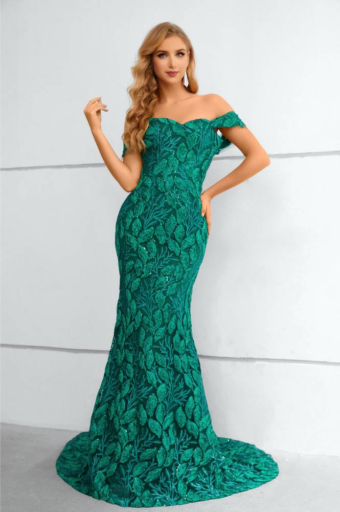 Dark Green Off-The-Shoulder Sweetheart Long Mermaid Lace Prom Dresses