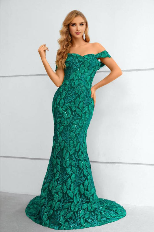 Green Off the Shoulder Sweetheart Long Prom Dress
