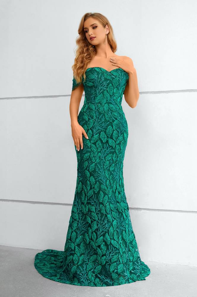 Dark Green Off-The-Shoulder Sweetheart Long Mermaid Lace Prom Dresses