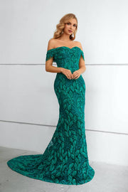 Dark Green Off-The-Shoulder Sweetheart Long Mermaid Lace Prom Dresses