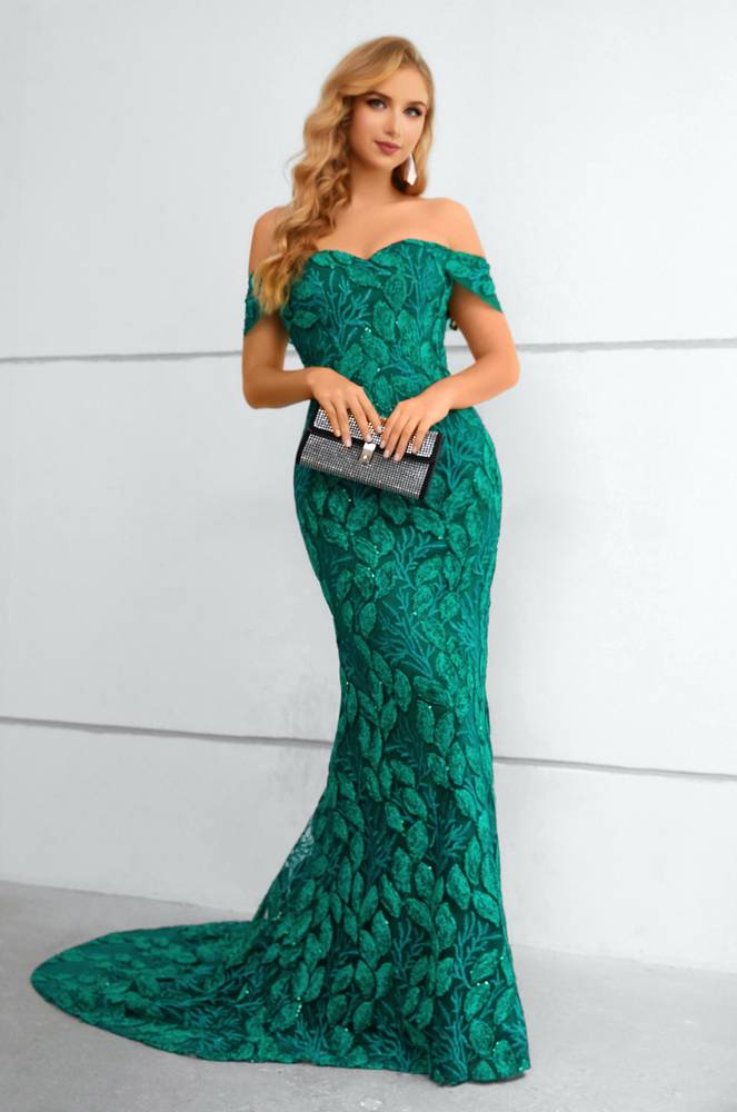 Dark Green Off-The-Shoulder Sweetheart Long Mermaid Lace Prom Dresses