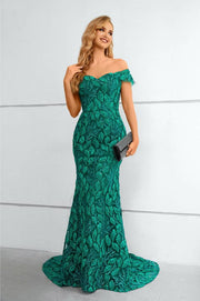 Dark Green Off-The-Shoulder Sweetheart Long Mermaid Lace Prom Dresses