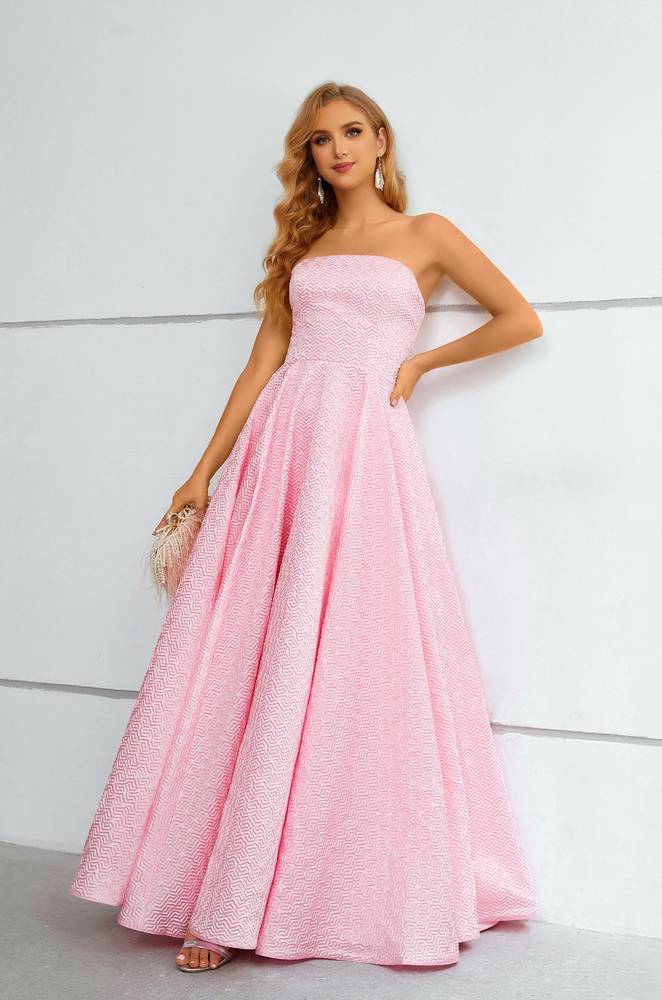 Pink Strapless A-Line Floor-Length Satin Prom Dresses