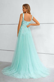 Mint Green Square Neck Mermaid Lace Prom Dresses with Detachable Train