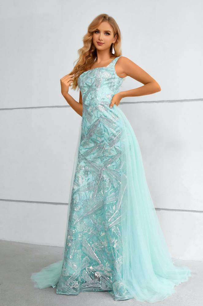 Mint Green Square Neck Mermaid Lace Prom Dresses with Detachable Train