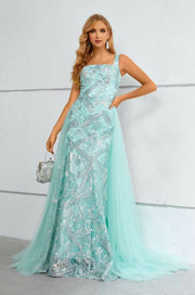 Mint Green Square Neck Mermaid Lace Prom Dresses with Detachable Train