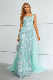 Mint Green Square Neck Mermaid Lace Prom Dresses with Detachable Train