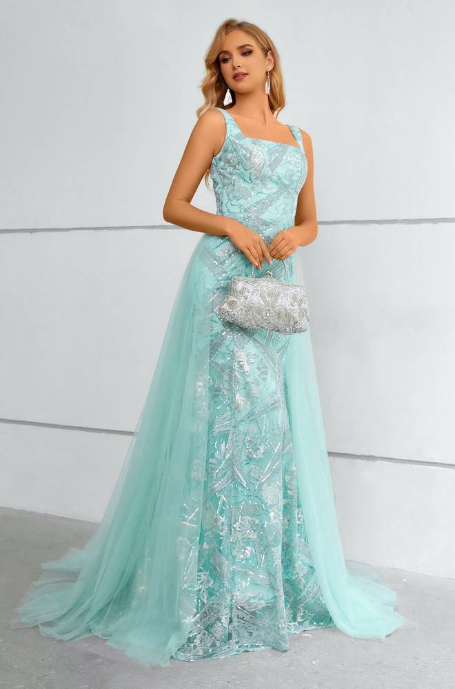 Mint Green Square Neck Mermaid Lace Prom Dresses with Detachable Train