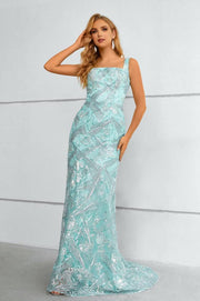 Mint Green Square Neck Mermaid Lace Prom Dresses with Detachable Train