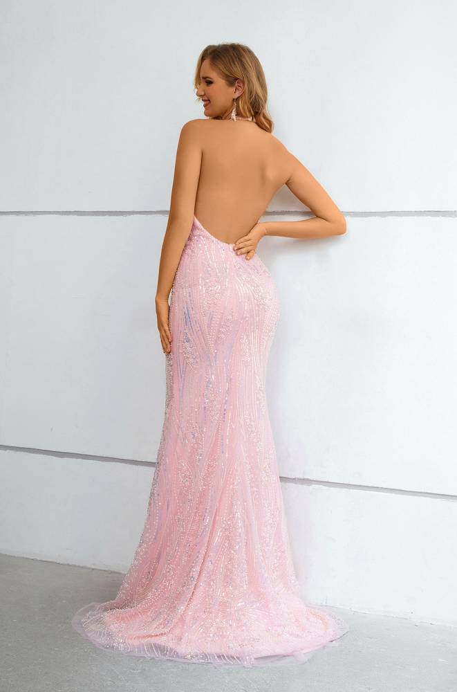 Blushing Pink Halter Sequined Mermaid Long Formal Dresses