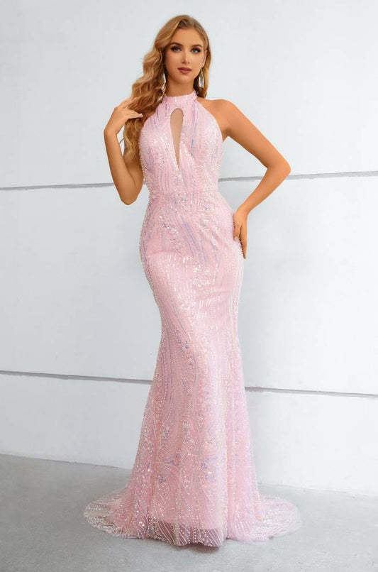 Light Pink Halter keyholes Mermaid Long Formal Dress with Sequins