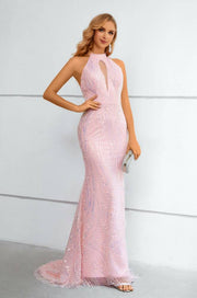 Blushing Pink Halter Sequined Mermaid Long Formal Dresses