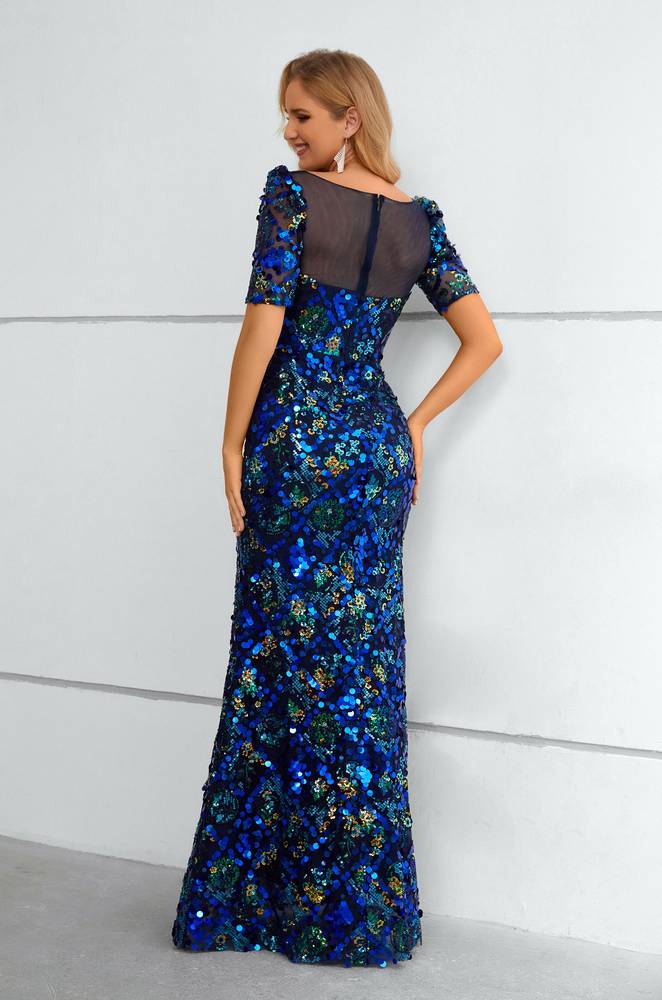 Royal Blue Bateau Neck Prom Dresses Sequined Short Sleeves Mermaid Floor-Length