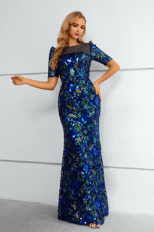 Blue Square Neck Short Sleeve Long Dress with Sequins