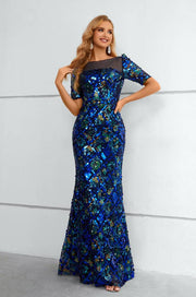 Royal Blue Bateau Neck Prom Dresses Sequined Short Sleeves Mermaid Floor-Length