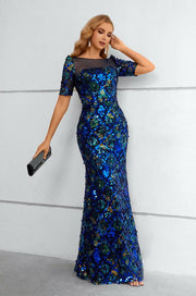 Royal Blue Bateau Neck Prom Dresses Sequined Short Sleeves Mermaid Floor-Length