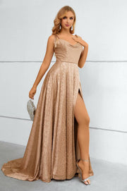 Spaghetti Straps Cowl Neck A-Line Long Prom Dresses with Slit