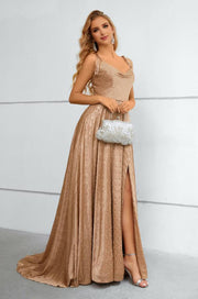 Spaghetti Straps Cowl Neck A-Line Long Prom Dresses with Slit