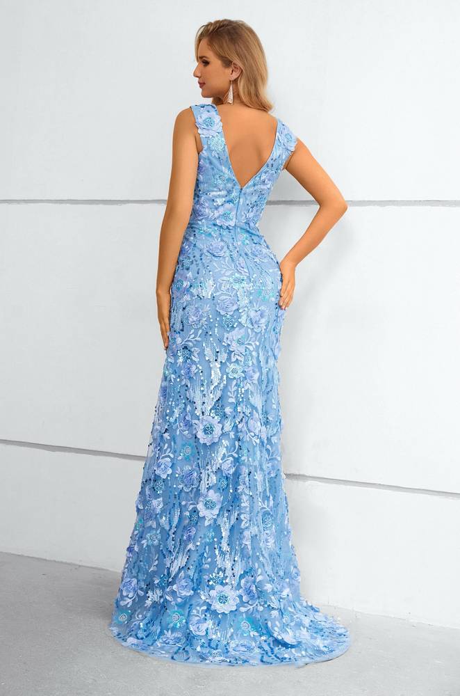 Blue V-Neck Sleeveless Mermaid Long Prom Dresses with Open Back