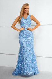 Blue V-Neck Sleeveless Mermaid Long Prom Dresses with Open Back