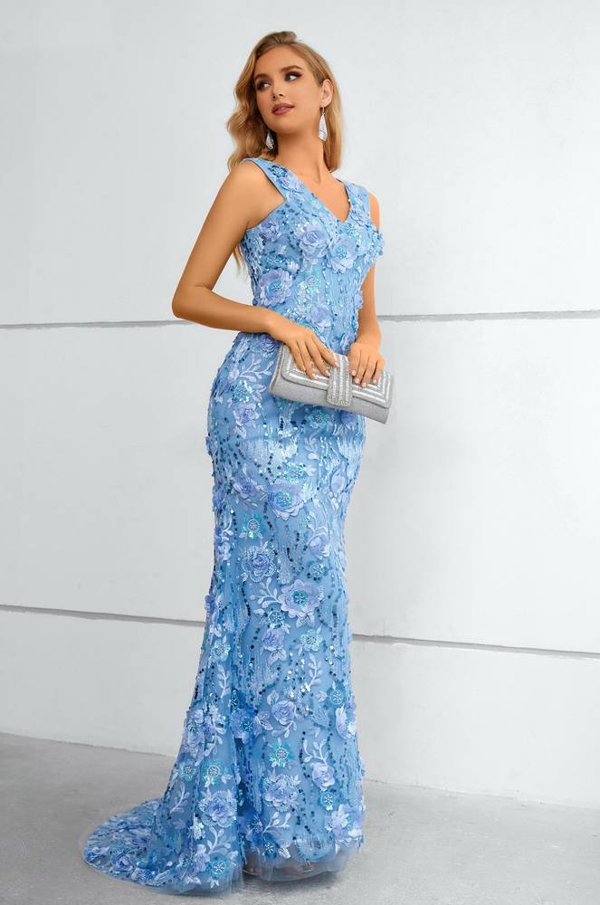 Blue V-Neck Sleeveless Mermaid Long Prom Dresses with Open Back