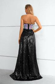 Black Strapless Cut Mirror Sequined A-Line Long Prom Dresses