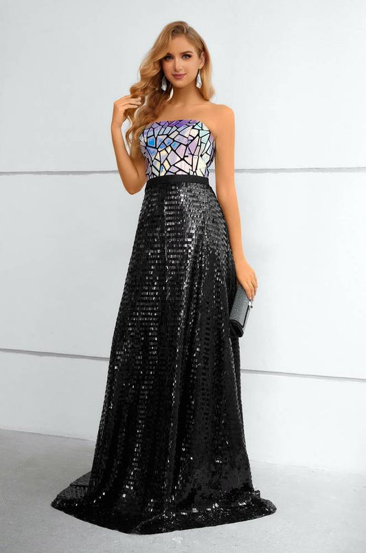 Black Strapless Cut Mirror Sequins A Line Long Prom Dress