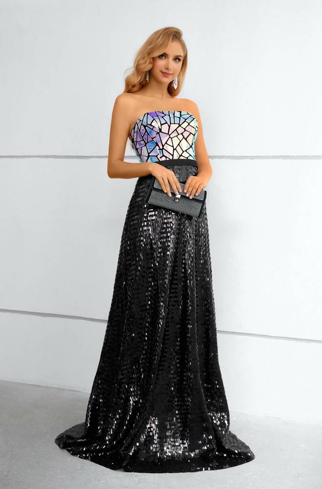 Black Strapless Cut Mirror Sequined A-Line Long Prom Dresses