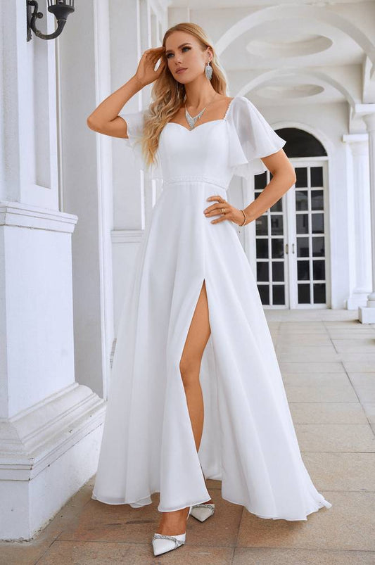 White Sweetheart A Line Wedding Dress with Flutter Sleeve