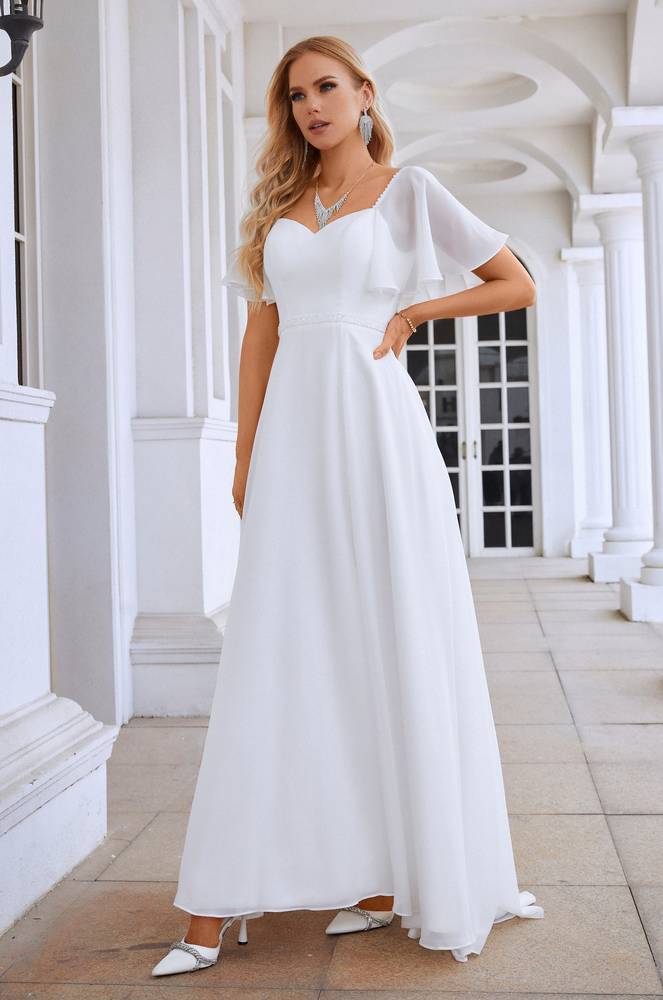 Sweetheart Flutter Sleeves A-Line Chiffon Wedding Dresses