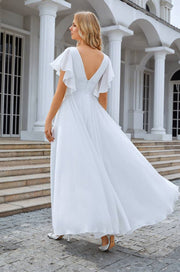 White V-Neck A-Line Chiffon Wedding Dresses with Puffy Sleeves