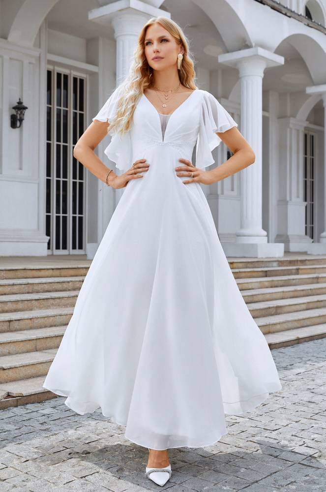 White V-Neck A-Line Chiffon Wedding Dresses with Puffy Sleeves