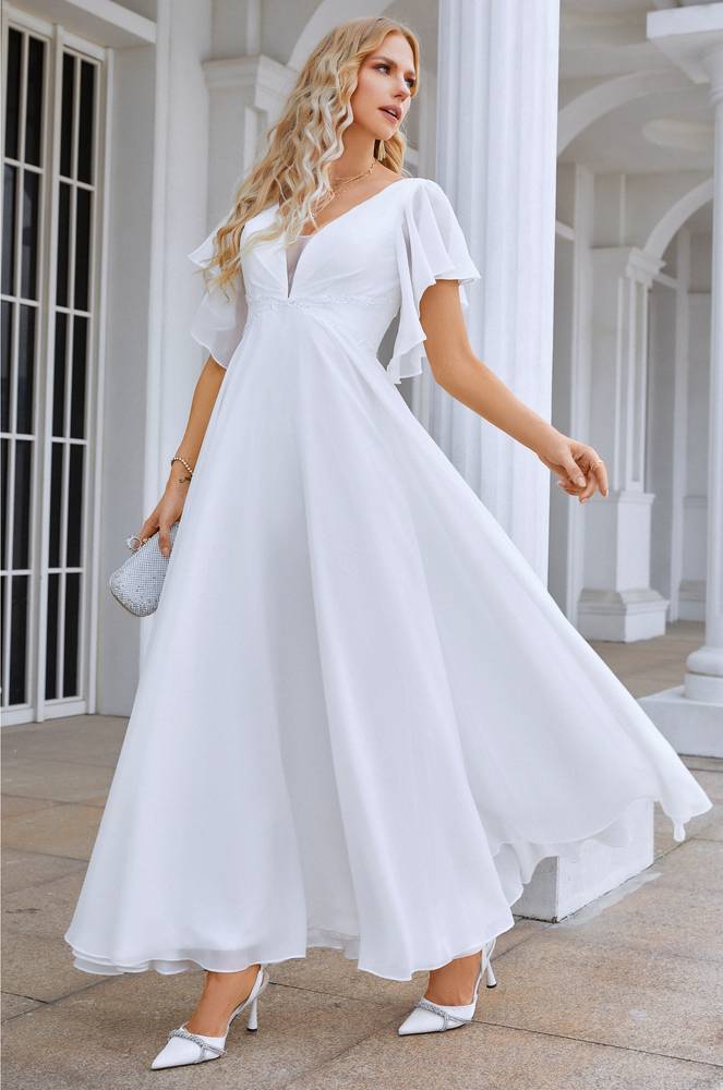 White V-Neck A Line Chiffon Wedding Dresses with Puffy Sleeves