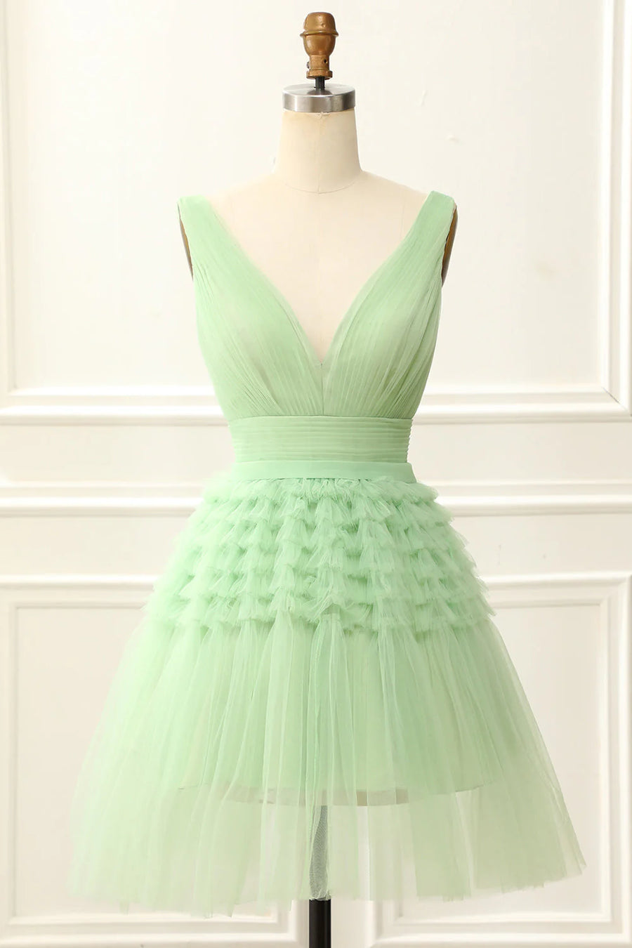 Sage Chic V-Neck Tiered Tulle A-Line Homecoming Dresses