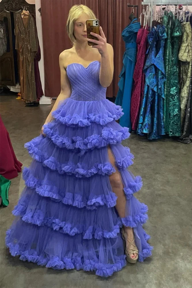 Unique Lavender Sweetheart Strapless Tiered Tulle Party Dresses with Slit