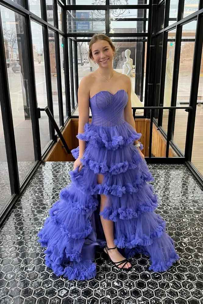 Unique Lavender Sweetheart Strapless Tiered Tulle Party Dresses with Slit
