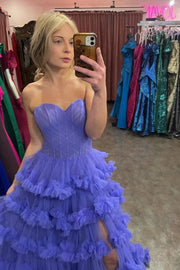 Unique Lavender Sweetheart Strapless Tiered Tulle Party Dresses with Slit