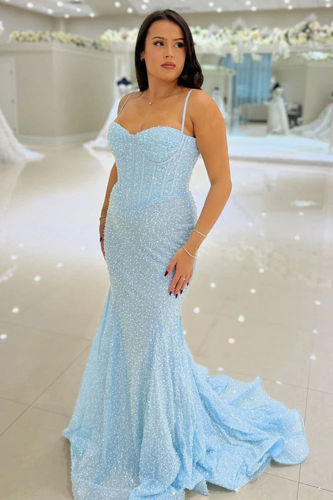 Light Blue Sequined Mermaid Long Evening Dresses