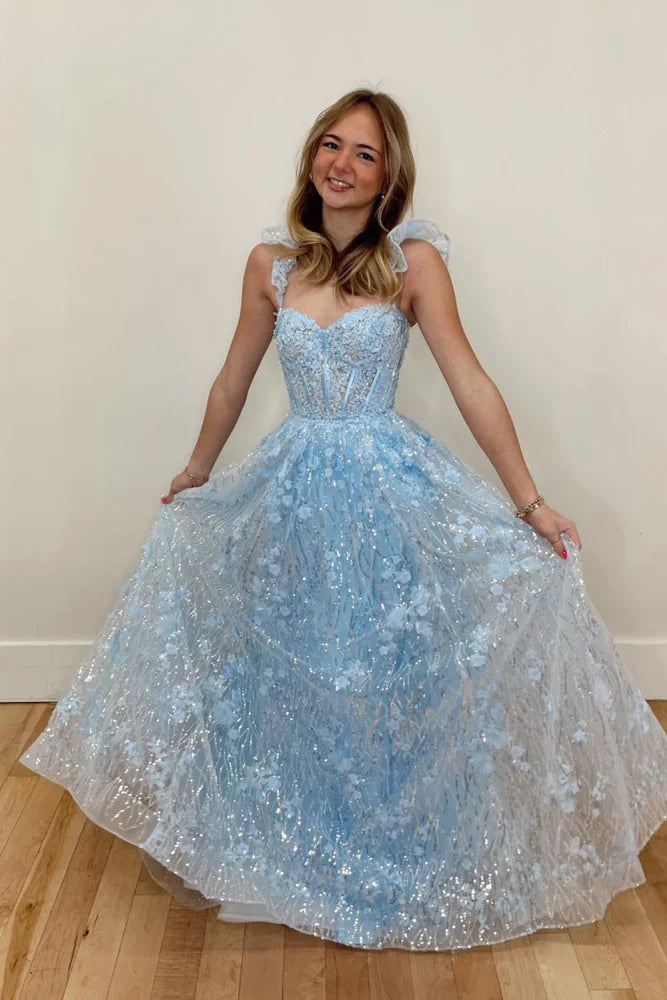 Enchanting Light Blue Sleeveless Sweetheart Floral Party Dresses