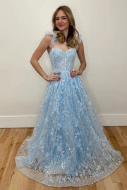 Enchanting Light Blue Sleeveless Sweetheart Floral Party Dresses