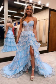 Light Blue Strapless A-Line Tiered Prom Party Dresses with Slit