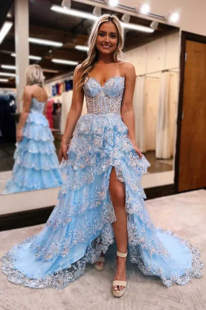 Light Blue Strapless A-Line Tiered Prom Party Dresses with Slit